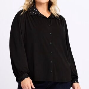 Posh Black Button Down Shirt with Embellished Collar